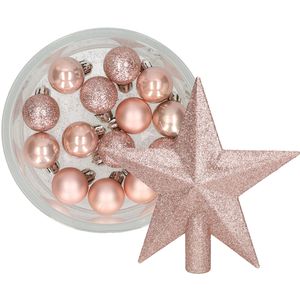 Decoris 14x stuks kerstballen 3 cm met ster piek lichtroze kunststof