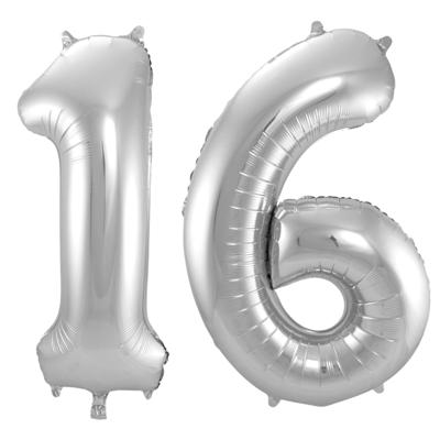 Folat Verjaardag Leeftijd folieballonnen - 16 jaar - zilver - 86 cm - cijferballon groot Folat Verjaardag Leeftijd folieballonnen - 16 jaar - zilver - 86 cm - cijferballon groot