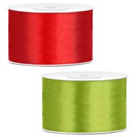 Sierlinten/cadeaulinten/satijnen linten - Set 2x stuks - rood en groen - 38 mm x 25 meter - thumbnail