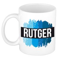 Naam cadeau mok / beker Rutger met blauwe verfstrepen 300 ml - thumbnail