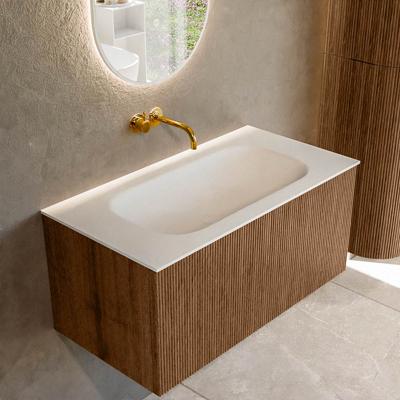 Badmeubel Mondiaz Kurve | 90 cm | Meubelkleur Walnut | Wastafelkleur Talc | Midden spoelbak | Zonder kraangaten