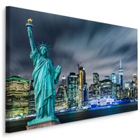 Schilderij - Vrijheidsbeeld in de avond, NYC, blauw, 4 maten, wanddecoratie - thumbnail