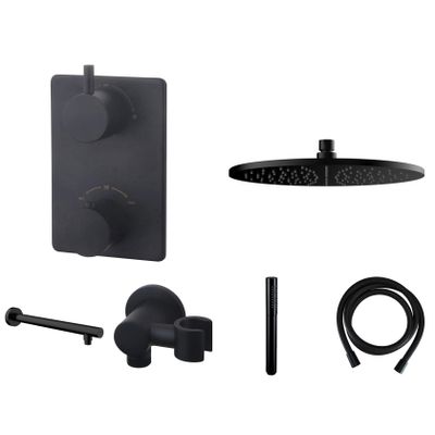 Regendouche set Wiesbaden Black | Inbouw | Thermostaatkraan | 2-weg | Rond | Zwart mat