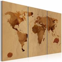 Schilderij - Wereldkaart - De Wereld beschilderd met koffie, Bruin, 3luik , premium print op canvas - thumbnail