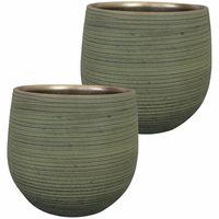 2x stuks plantenpot/bloempot keramiek donkergroen stripes relief - D26/H25 cm