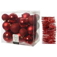 Kerstversiering kunststof kerstballen 6-8-10 cm met folieslingers pakket rood van 28x stuks - Kerstbal