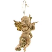 1x Gouden engel met dwarsfluit kerstversiering hangdecoratie 10 cm - thumbnail