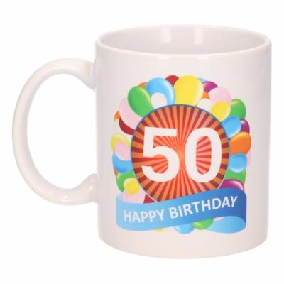 Bellatio Decorations 50 jaar koffiemok - Verjaardag ballonnen thema - beker - wit - 300 ml - cadeau