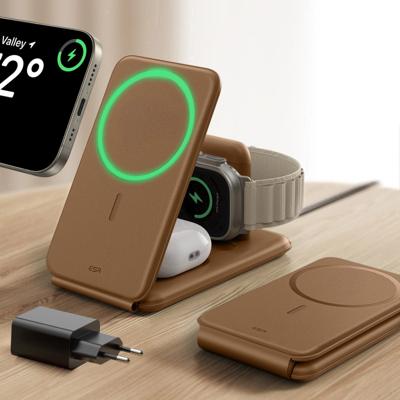 15W 3-in-1 Travel Wireless Charging Set - Brown - EU Plug