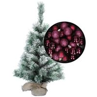 Besneeuwde mini kerstboom/kunst kerstboom 35 cm met kerstballen aubergine paars - thumbnail