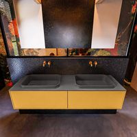 Badkamermeubelset Mondiaz Erin 150 cm met 2 Lades met RIDGE Wastafel Dubbel Dark grey Zonder Kraangaten Greeploos Mat Ocher
