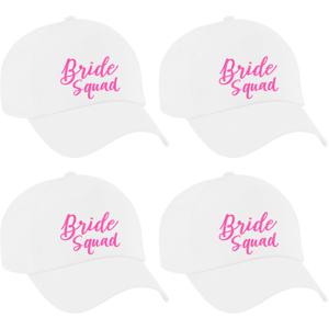 Vrijgezellenfeest pet voor dames - 4x - Bride Squad - wit - roze glitters - bruiloft/trouwen