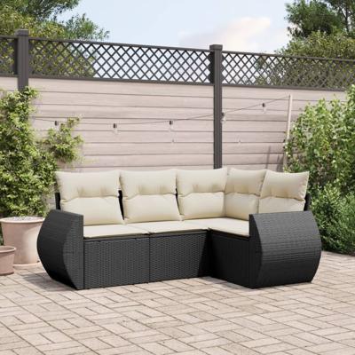 4-delige Loungeset met kussens poly rattan zwart