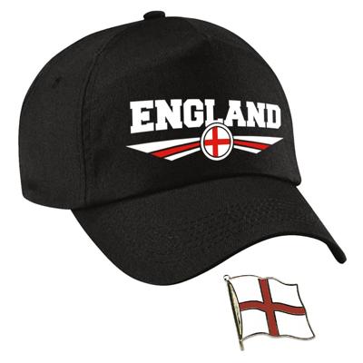 Engeland supporters setje - baseballcap print zwart - colbert pin broche vlag - volwassenen