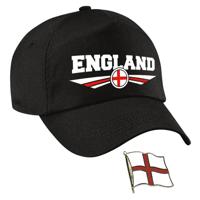 Engeland supporters setje - baseballcap print zwart - colbert pin broche vlag - volwassenen