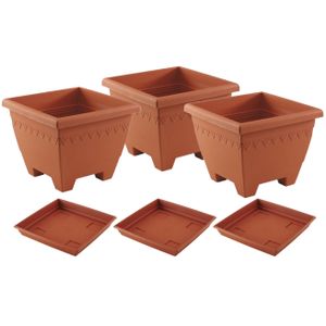 3x stuks vierkante plantenbakken terra cotta met opvangschaal 30 x 30 x 23 cm