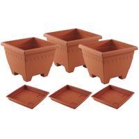 3x stuks vierkante plantenbakken terra cotta met opvangschaal 30 x 30 x 23 cm