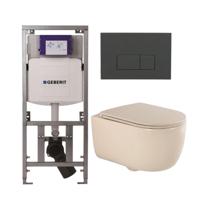 QeramiQ Dely Swirl Toiletset - 36.3x51.7cm - Geberit UP320 inbouwreservoir - met Burda frame - slimzitting - bedieningsplaat antraciet mat - rechthoekige knoppen - beige 0701131/SW1102377/SW1000770/SW1026259