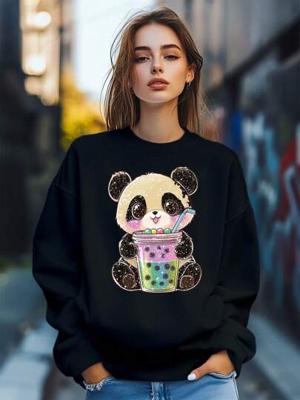 Bon&Bon Women's Panda Cartoon Sweatshirt - Loose Crew Neck Pullover Black / M