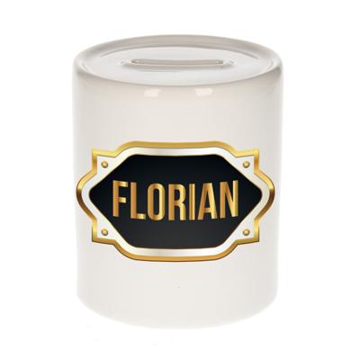 Spaarpot met voornaam Florian - wit - goud/zwart embleem - 8 x 9 cm - keramiek - afsluitdop