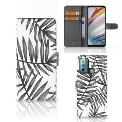 Motorola Moto G60 Hoesje Leaves Grey | Portemonnee hoesje Motorola Moto G60 Hoesje Leaves Grey | Portemonnee hoesje