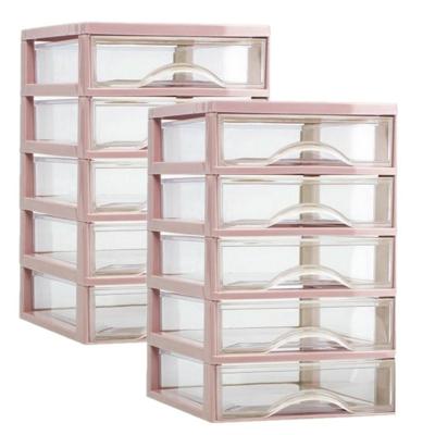 Ladeblokje - bureau organizer - 2x stuks - 5 lades - roze/transparant - L18 x B21 x H28 cm - plastic