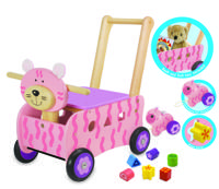 Loop/duwwagen en sorter kat roze - met mini trekfiguur