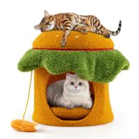Zoet Kattenbed Hamburgervormig Kattenhuis met Gepolsterde Bovenste Zitplaats en Hangend Pluche Speelgoed Oranje