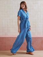 Ruime jumpsuit met korte mouwen voor zwangerschap en borstvoeding in lyocell stone