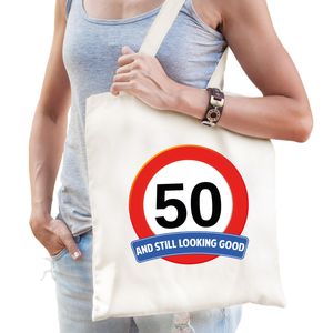 Verkeersbord / stopbord 50/vijftig katoenen cadeau tas wit Sarah / Abraham voor dames en heren