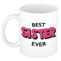 Best sister ever cadeau koffiemok / theebeker wit met roze letters 300 ml - feest mokken