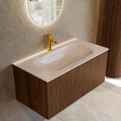 Badmeubel Mondiaz Kurve-Dlux | 90 cm | Meubelkleur Walnut | Wastafelkleur Meli | Solid surface | Wasbak midden spoelbak | 1 kraangat