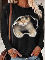 Women's Funny 3D Cat Print Crew Neck Top