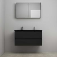 On-Line Badkamermeubelset - 100 cm - Voorgemonteerd - Ladestructuur - Acryl Wastafel - 2 Kraangaten - Spiegelkast - Mat Zwart