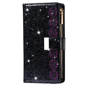 iPhone 15 hoesje - Bookcase - Koord - Pasjeshouder - Portemonnee - Glitter - Bloemenpatroon - Kunstleer - Zwart