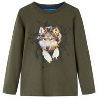 Kindershirt met lange mouwen wolvenprint 128 kakikleurig