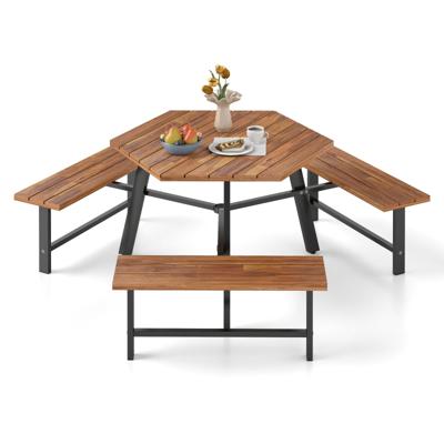 6-Personen Picknicktafelset van Acaciahout Tuintafel met 3 Zitplaatsen Parasolgat
