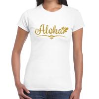 Hawaii verkleedkleding T-shirt - Aloha - wit - voor dames - met gouden letters