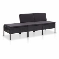 3-delige Loungeset met kussens poly rattan zwart