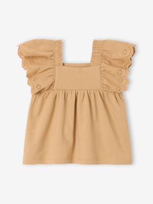 T-shirt met vierkante hals van Engels borduurwerk voor baby cappuccino