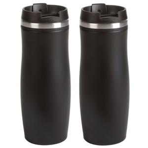 Koffie en Thee thermosbeker/warmhoud beker - 2x - zwart - 400 ml - Isoleerbeker dubbelwandig