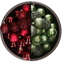 74x stuks kunststof kerstballen mix van donkerrood en salie groen 6 cm - Kerstbal - thumbnail