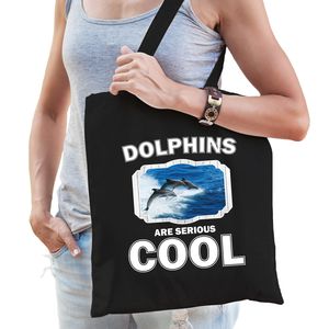 Katoenen tasje dolphins are serious cool zwart - dolfijnen/ dolfijn groep cadeau tas