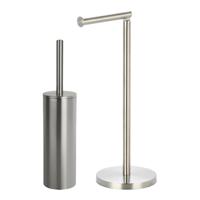 Badkamer accessoires set - WC-borstel/toilet rollen houder - metaal/porselein - zilver