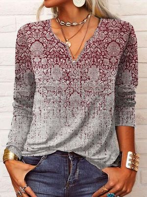 Ethnic Long Sleeve Notched Casual T-Shirt Ethnic Long Sleeve Notched Casual T-Shirt