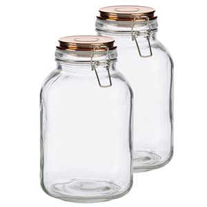 Set van 2x stuks glazen luxe keuken voorraadpotten/voorraadbussen met klepdeksel koper 3000 ml