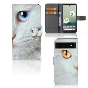 Google Pixel 6A Telefoonhoesje met Pasjes Witte Kat