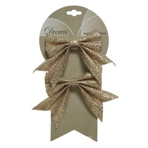 4x stuks decoratie strikjes/strikken champagne glitter op clip 18,5 x 14 cm