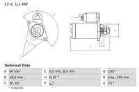 Startmotor / Starter BOSCH, Spanning (Volt)12V, u.a. für Opel, Vauxhall, Fiat