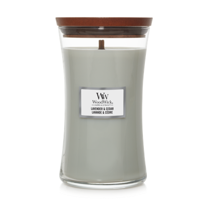 WoodWick Geurkaars Large Lavender & Cedar - 18 cm / ø 10 cm - Geurkaars in Glas - Houten Lont
